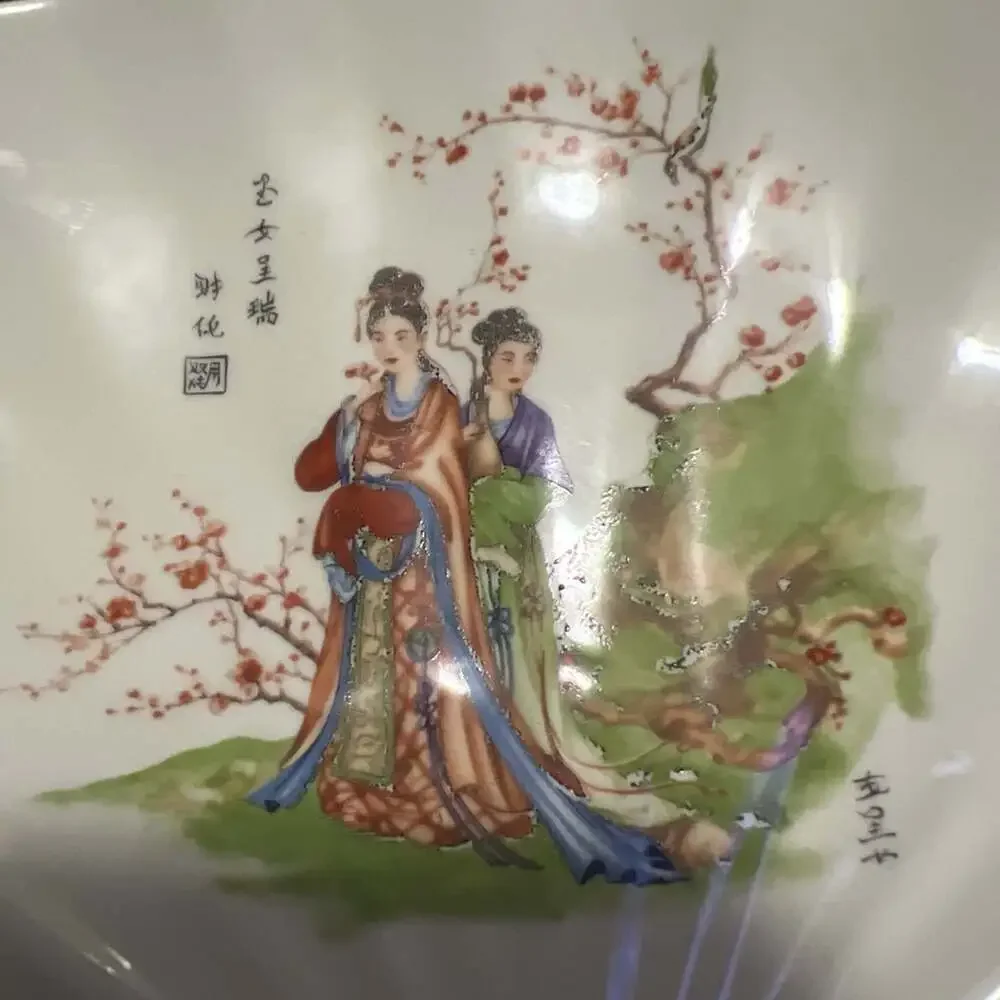 Chinese Fan Shaped Ceramic Trinket 10” “Jade Maidens Auspicious Blessings”